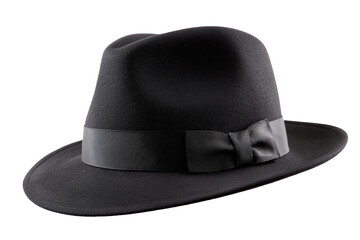 Black fedora hat with a ribbon, isolated on white background, png