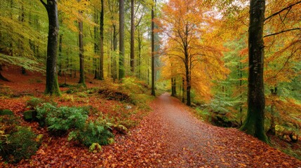 Fototapeta premium Scenic Autumn Forest Path with Vibrant Fall Foliage, Serene Nature Walk in Woodland Landscape