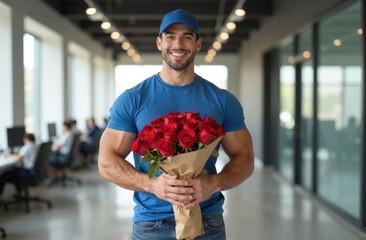 smiling man holds red roses indoors, wearing blue t-shirt, conveying joyfulness and contentment, with blurred windows showing other people, joyful family moment, celebration, Valentine's Day, love