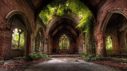 Fototapeta premium Abandoned Church Interior with Overgrown Greenery, Featuring Architectural Details and a Sense of Decay and Mystery