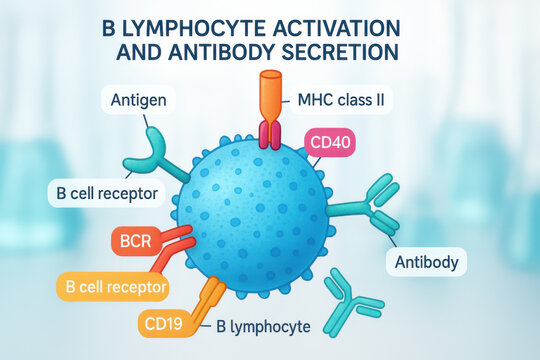 B lymphocyte activation antibody secretion antigen receptor CD40 MHC class II CD19 immune