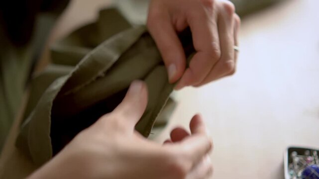 Close up of female hands carefully unpicking hem of pants. Sewing concept, repairing clothes, handmade hobby, useful skill. Woman working with needle, do it yourself tailoring project.