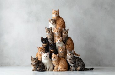 visually striking pyramid of colorful catsorange, white, black, gray, and brownis arranged in calm, ordered display, showcasing soft lighting and gentle shadows, creating whimsical atmosphere