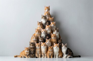 pyramid of colorful catsorange, white, black, graysit aligned in triangular arrangement, creating playful visual, calm atmosphere, joyful companions, domestic animals, winter holiday spirit
