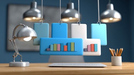 Floating sales and traffic performance panels above minimalist desk setup, dark corporate studio lighting