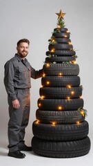 man in gray uniform stands beside large, tire-based Christmas tree illuminated with lights, smiling warmly, in festive winter scene, joyful family moment, creative reuse, tire art