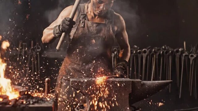 Powerful Blacksmith Forges Metal with Hammer and Anvil, Sparks Fly in Fiery Workshop