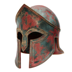 Ancient weathered Spartan helmet, rustic texture, isolated on white background, png