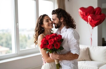 man and woman, Caucasian, share romantic kiss while embracing, holding roses near red heart balloons by window with greenery, conveying affection and happiness, joyful family moment