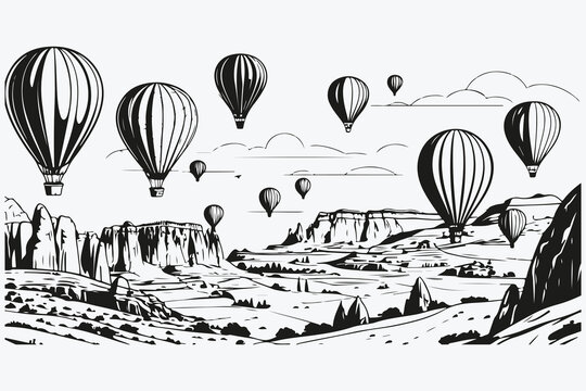 Cappadocia landscapes with hot air balloons sketch illustration vector