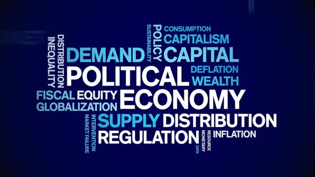 Political Economy animated word cloud-text design animation tag kinetic typography seamless loop.