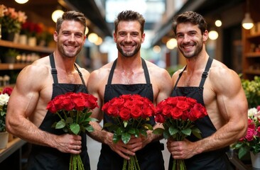 Three smiling men, Caucasian, wearing black aprons, hold vibrant red rose bouquets in floral shop setting, conveying cheerful and professional atmosphere, Valentine's Day, love floral beauty