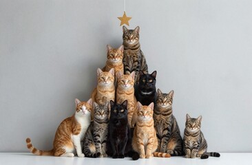 christmas tree Nine cats form pyramid against gray backdrop, showcasing orange, black, gray, and white tabby patterns, creating calm, playful companionship, serenity, feline arrangement, pets