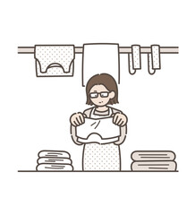 洗濯物をたたむ40代女性のイラスト
