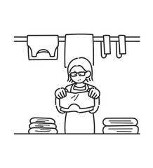 洗濯物をたたむ40代女性のイラスト　線画のみ