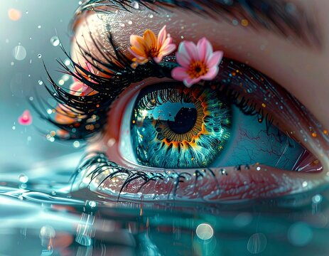 Surreal close up of a woman's eye with water droplets and blossoming flowers