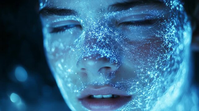 Futuristic close-up portrait young man male guy with glowing blue digital network face, eyes illuminated, artificial intelligence, biometrics, cyber identity, technology, data, virtual innovation.
