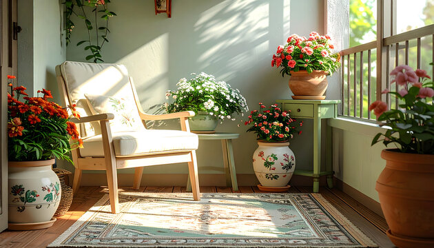 vintage classic interior design of balcony light colors and flowers - Powered by Adobe