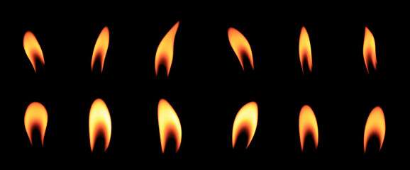 Multiple small flames glowing on a pure black background create a warm, minimal, and abstract visual ideal for design elements, fire concepts, energy themes, and creative graphic compositions.