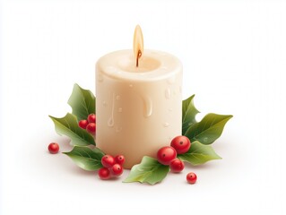 Beautiful white lit candle with holy leaves on white background