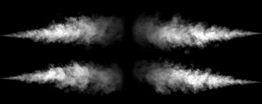 Realistic isolated smoke jet blasts on black background, ideal for digital design, VFX, photo compositing, and creative projects requiring dense vapor textures and dynamic atmospheric motion effects.