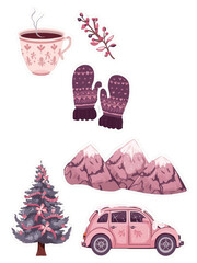 Winter Wonderland Illustration: A cozy illustration depicts a warm cup of beverage, a sprig of berries, mittens, snow-capped mountains, a festive tree, and a vintage vehicle.