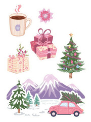 Festive Gathering: A whimsical collection of holiday elements, featuring a decorated tree, gift, warm beverage, and vintage car loaded with fir, evokes feelings of warmth, togetherness, and joy.