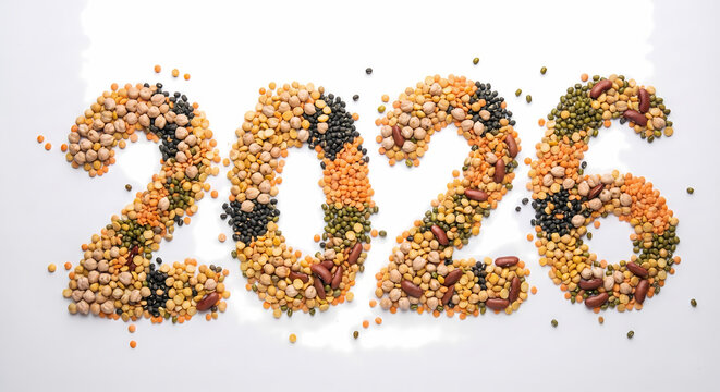2026 New Year number concept. 2026 created from yellow pulses, lentils, and food grains.
