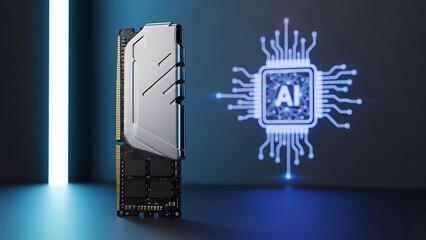 Physical computer RAM module next to a glowing blue artificial intelligence chip symbol