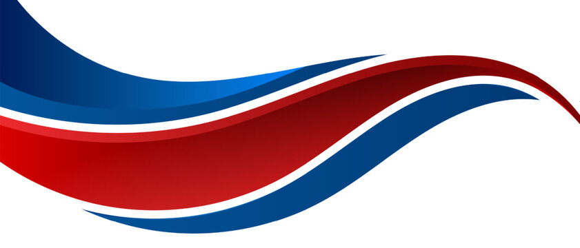 Abstract wave banner with layered red and blue curved ribbons creating dynamic motion on a clean white background, suitable for corporate branding and modern layouts.