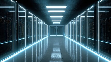 Futuristic Data Center Corridor with Server Racks and Blue Lighting, Ideal for Technology and Innovation Concepts
