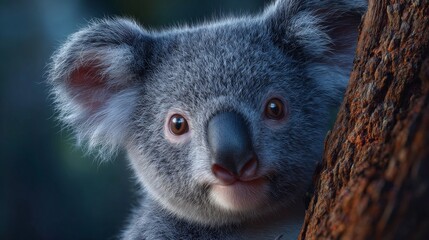 Fototapeta premium A koala peeking behind a tree, with curious and adorable expression. It has soft, gray fur and bright eyes