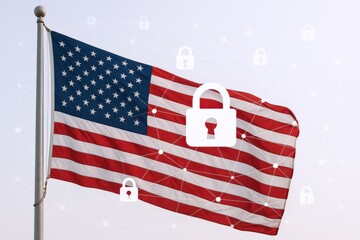 United States Flag with Security Lock Overlay: Illustrating Cybersecurity and National Data Protection Concepts