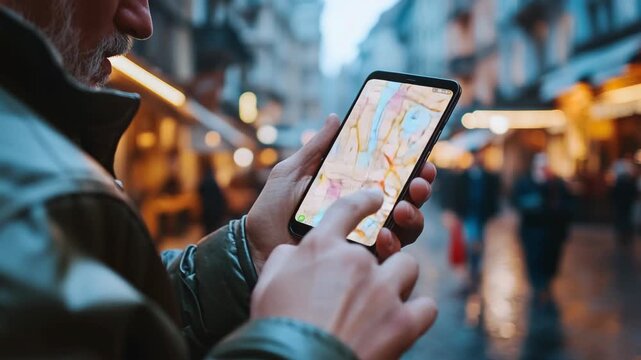 Close-up of a person navigating with a smartphone in a city street, digital map displayed on screen, modern technology, GPS navigation, urban lifestyle, connectivity, reliance on digital innovation.