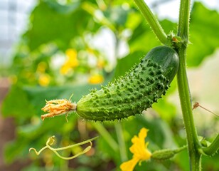 Close-up of a cucumber growing on a vine with yellow blossoms and green foliage
