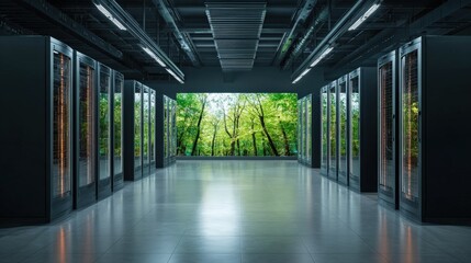 Data Center with Green Forest Backdrop, Sustainable Technology and Eco-Friendly IT Infrastructure Concept