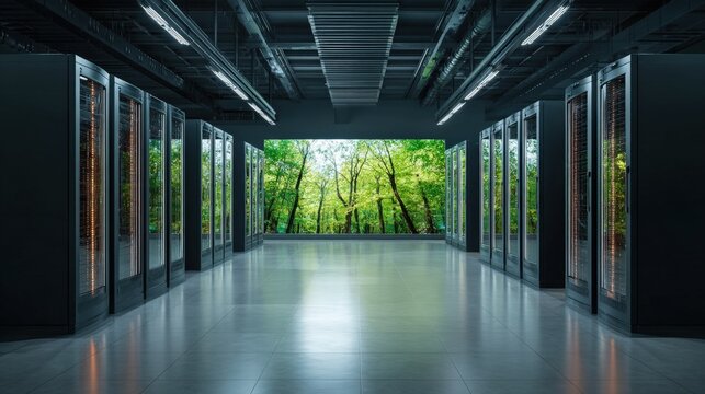 Data Center with Green Forest Backdrop, Sustainable Technology and Eco-Friendly IT Infrastructure Concept - Powered by Adobe