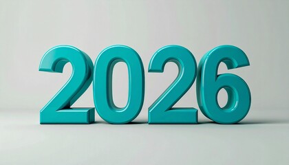 “Three-dimensional turquoise numbers ‘2026’ standing upright on reflective surface with gradient gray background”