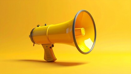 “Bright yellow megaphone tilted right on solid yellow background with subtle shadows and glossy surface”