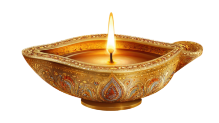 Decorative golden diya lamp with burning flame and intricate traditional patterns captured in detailed studio lighting isolated on white background