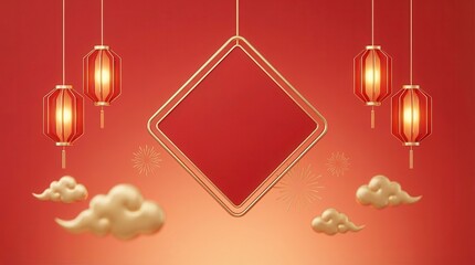 Chinese New Year Background with Lanterns, Clouds, and Diamond Frame.