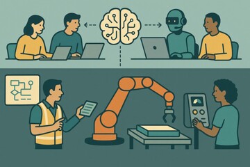 Fototapeta premium Collaborative Intelligence in Modern Workspaces Combining Human Creativity and Robotic Automation for Enhanced Productivity and Innovative Manufacturing Solutions
