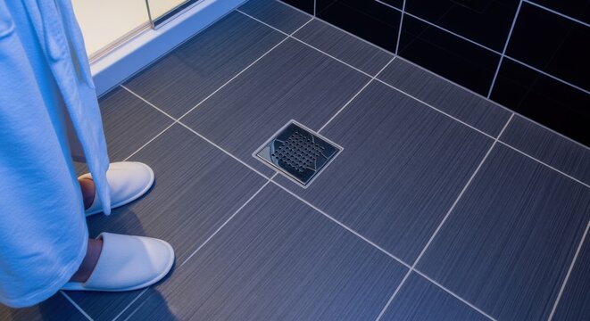 Modern bathroom floor with drain, tiled surface, man wearing white robe and slippers ready to shower