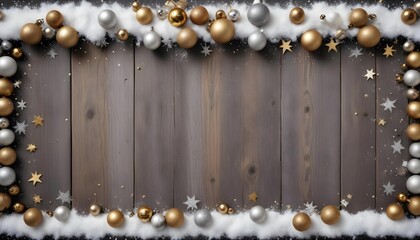 Festive Christmas border with gold and silver ornaments and faux snow on rustic wood
