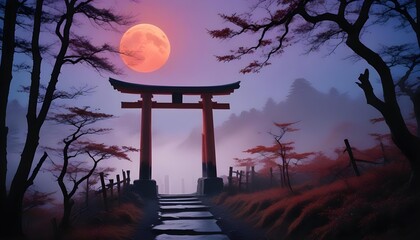Misty Japanese Torii gate under a large orange moon with autumn foliage