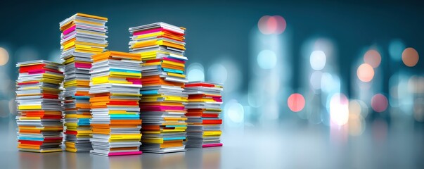 A colorful stack of papers is displayed in a blurred urban setting, highlighting the contrast between organization and chaos.