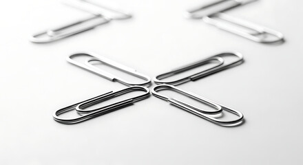Metal paperclips crossed in X shape on white background, office supplies, organization tools, stationery items