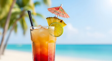Refreshing tropical cocktail garnished with pineapple and lime sits on a beach table with blurred palm trees and turquoise ocean water creating a perfect vacation scene