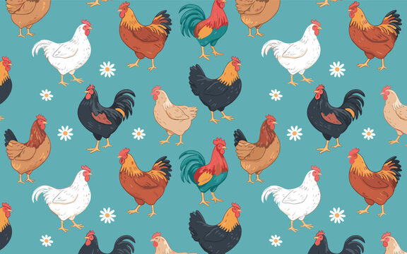 Colorful roosters and hens on blue background with flowers