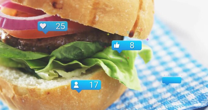 Hamburger entering center while empty blue bubble triggers social bubbles popping, creating buzz
